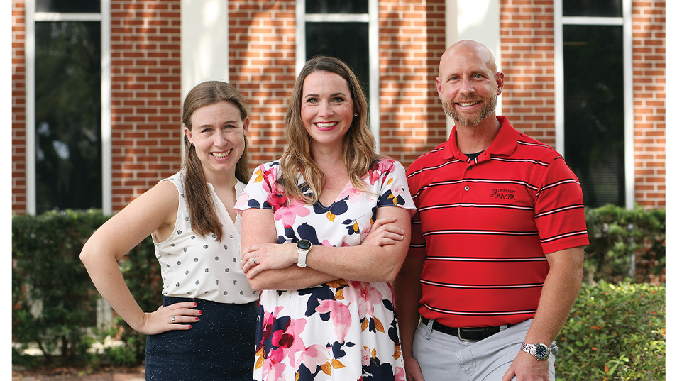 Portrait of Amy Elliot (left), assistant teaching professor of English and Writing, Erin Koterba (middle), associate professor of psychology, and Abraham Miller (right), associate professor of health sciences and human performance.