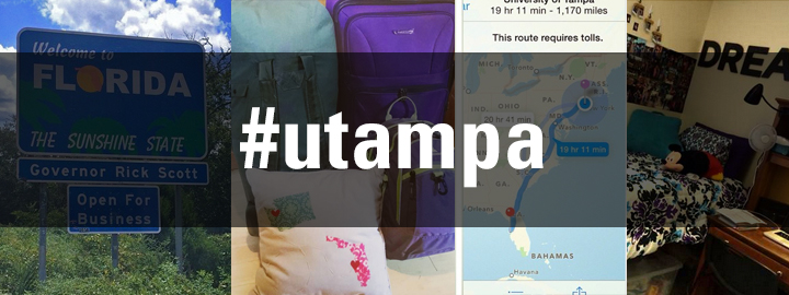 #utampa on top of a collage of the Welcome to Florida sign, luggage, map, and dorm room 